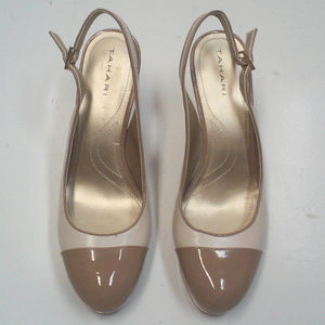Tahari Beige Patent Cream Leather Slingback Pumps